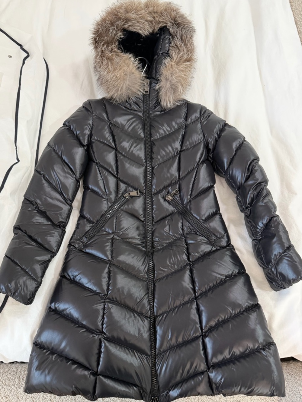 Moncler Black Quilted Chevron Down Puffer Coat with Fur-Trim Hood